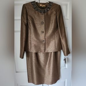KASPER Embellished Textured Metallic Brown Gold 2 pc Suit - Jacket Skirt Size 12